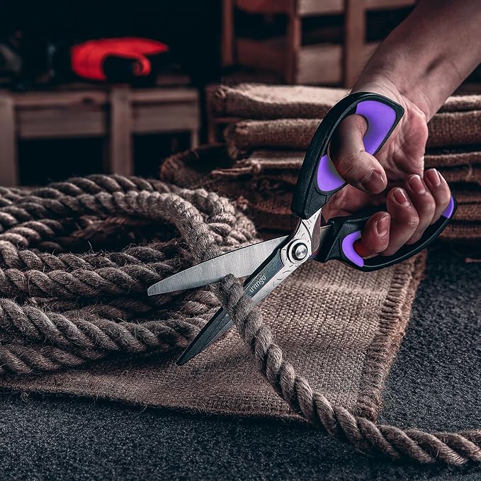 LIVINGO 10" Heavy Duty Multipurpose Shears for Shop & Garden (Black/Purple) | Forged Stainless Steel With Titanium Coating Cuts Fabric, Cardboard, Pruning Branches, Household Materials, Rust-resistant