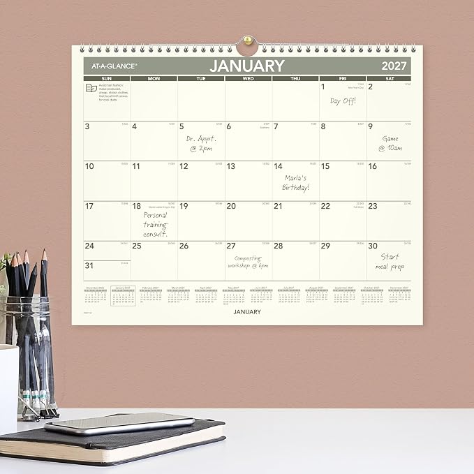 AT-A-GLANCE 2027 Wall Calendar, Monthly, 15" x 12" Planner, Unruled Daily Blocks, Recycled (PMG772827)
