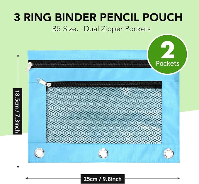 Pencil Pouch for 3 Ring Binder, Heavy Duty Canvas Dual Zipper Pen Bag with Clear Window, Smooth Metal Zipper, Fit Standard 3-Ring Binders for School Office Travel Supplies (Sky Blue)