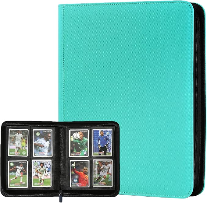 4 Pocket Ringless Side Loading Trading Card Binder, 160 Cards PU Fixed Page Zipper Card Album for TCG Sports Game Cards, Not Fit Top Loaders (Lake Blue)