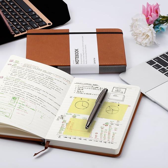 Lemome Thick Classic Notebook with Pen Loop A5 College Ruled Hardcover Writing Notebook with Pocket + Page Dividers Gifts, Banded, Large, 180 Pages, 8.4 x 5.7 in | Hardcover Ruled Journal, Pen Loop, for Work School Notes, Premium Thick Paper, Bound Cla...