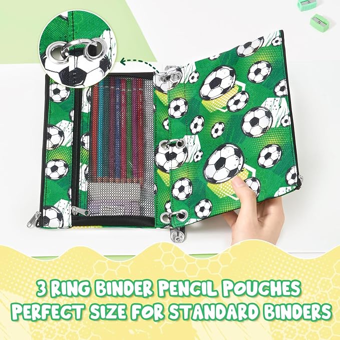 WAWSAM Soccer Pencil Pouch for 3 Ring Binder, Zipper Pencil Pouch for Boys | 2 Pocket Clear Window Pencil Case, 3 Ring Pencil Pouch for School Supplies, Pencil Bags for Office College