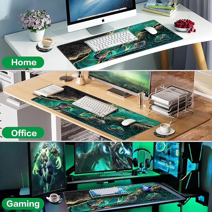 Mouse Pad Green, Desk Mat, Large Gaming Mouse Pad with Wrist Rest, 4in1 XXL Mousepad+Keyboard Wrist Rest+Mouse Pad Wrist Support+Cup Coaster Set Ergonomic Computer Desk Pad for Decor Office Women