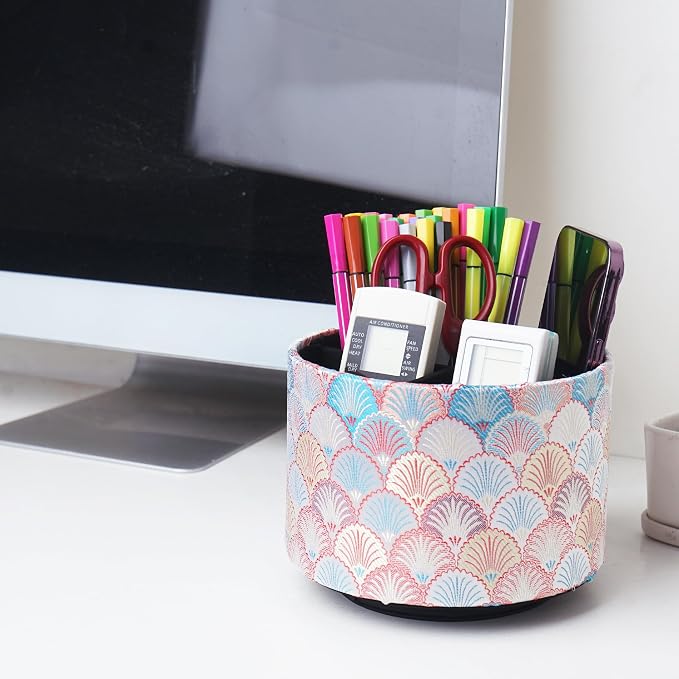 Round Leather Art Supply Organizer,Remote Control Holder,360-degree Rotating Pen Organizer with 4 Compartments(1-Peacock Pink)