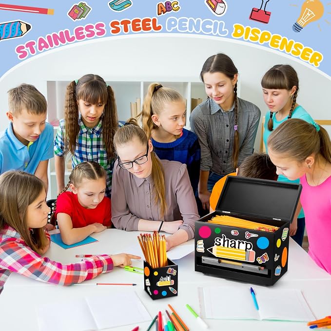 Mifoci 8 Pcs Wooden Pencil Dispenser Kit for Classroom Wooden Pen Holder Straw Dispenser Sharp and Dull Letter Stickers for Teachers Classroom Supplies Storage(Black)