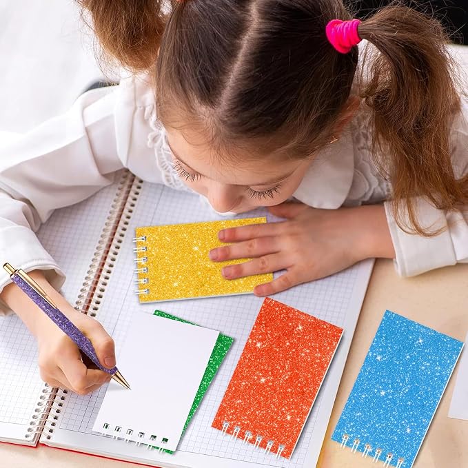 24 Pack Mini Notebooks Party Favor Small Spiral Journal Notepads for Kids | Glitter Cover Pocket Writing Memo Note Pads with Lined Pages for Schools Classroom Home Work Office Supplies, 2.3x2.3 Inches