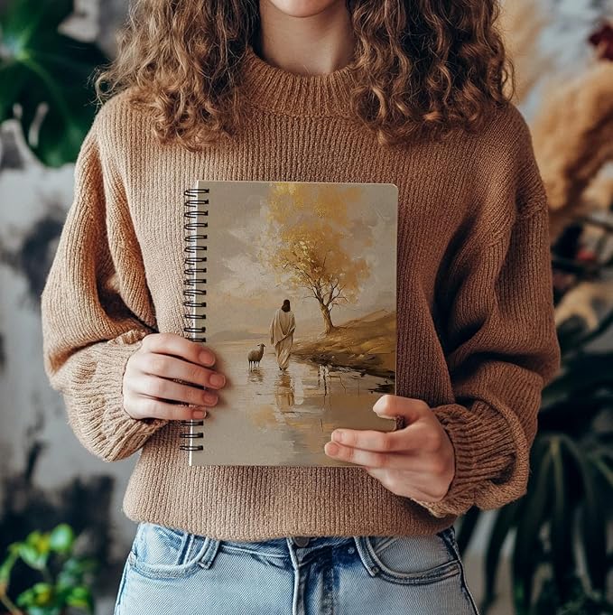 Jesus and Lamb Christian Notebook, Inspirational Faith Journal with Lined Pages, Fall decor, Jesus Leaves the 99 Sheep Painting, Religious Gift for Women, 5.5x8.3 Inch