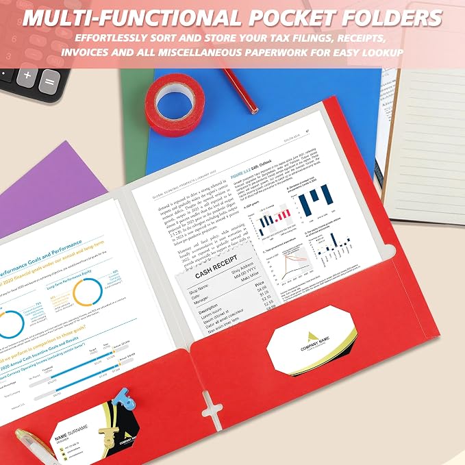 pmybupo 6 Pack Two Pocket Folders,Paper Folders with Pockets Fit 8.5 x 11 Letter Size Paper,6 Rainbow Colors File Folders Business Card Slot,Back to School Supplies.
