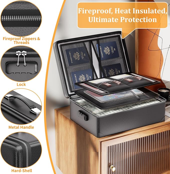 DocSafe Fireproof Document Box with Lock - 12 Layers Heat Insulated, Black | File Organizer Hard Case Safe Box with Fireproof Zipper, Home Safe Protects Important Documents, Passport, Cash