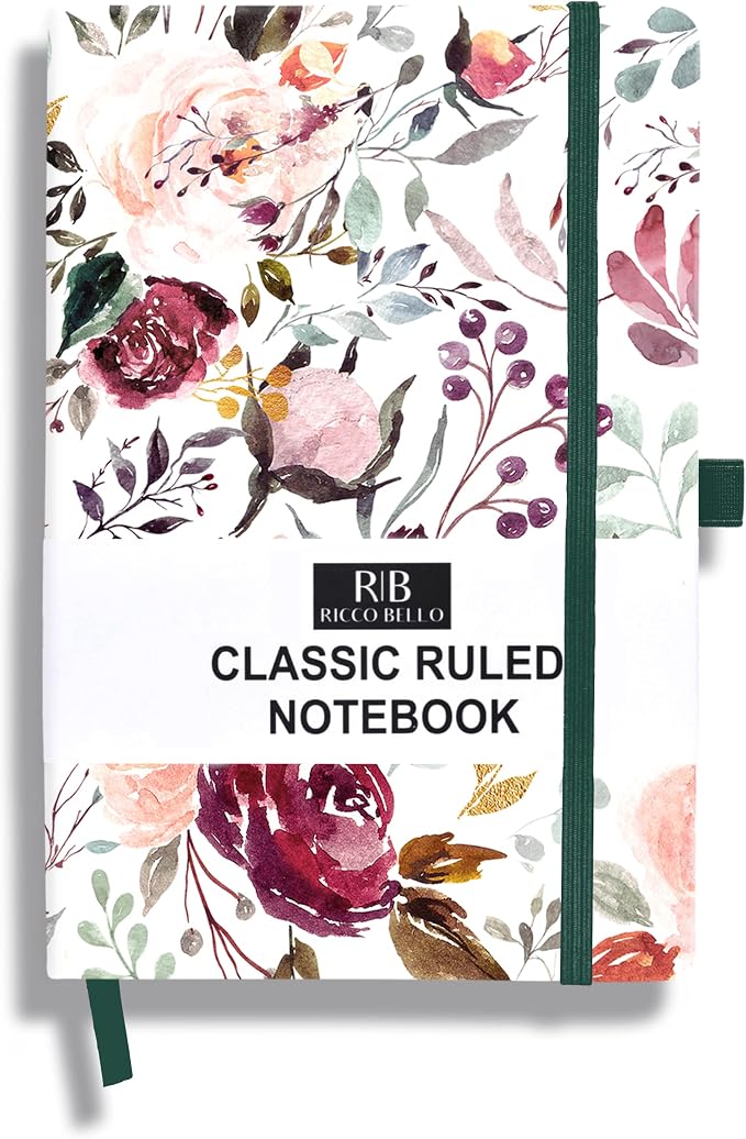 RICCO BELLO Lined Journal Notebook, Blossoms, Hardcover, 5.7x8.4" | 96 Sheets / 192 Pages, College Ruled, Pen Holder, For Work & Notes