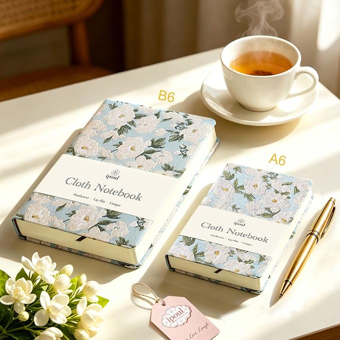 Pocket Notebook, A6, 4x6, Small Embroidered Journal, Cute Notebook, Lay Flat, Hardcover, Lined Notebook & Sketchbook, Personal Writing Journal for Women, Blue Journal, White Gardenia Flower