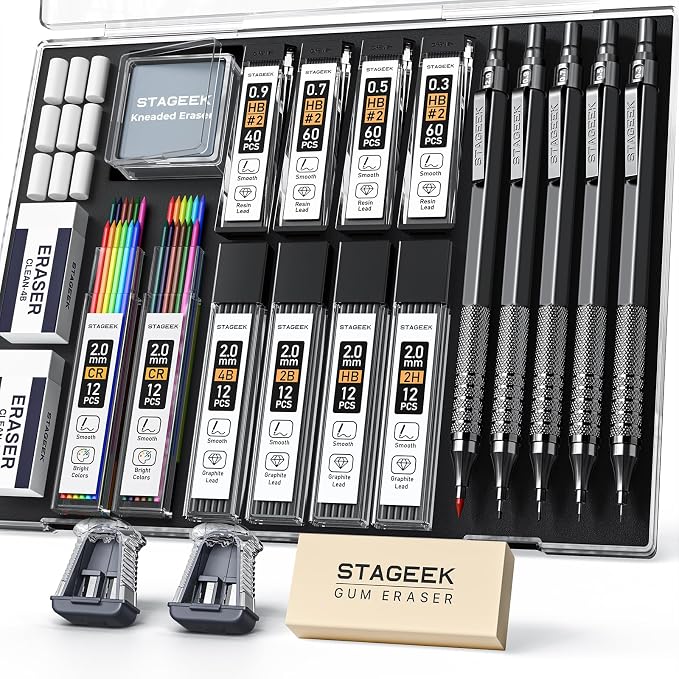 STAGEEK 21PCS Metal Mechanical Pencil Set, Art Lead Pencil 0.3, 0.5, 0.7, 0.9, 2mm Holder(HB 2H 2B 4B Color) with 10 Tubes Graphite Lead Refills Eraser with Case for Drafting Drawing Sketching