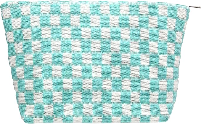 Checkered Makeup Bag for Purse, Small Flat Cosmetic Pouch,Arctic Blue | Cute Zipper Makeup Organizer for Women, Travel Essentials, Toiletries, Makeup Brushes, Beauty Accessories&Bridesmaid Gifts