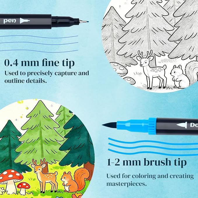 24Color Dual-Tip Art Markers Set, Fine & Brush Tips for Adult Coloring Books, Watercolor & Drawing Pens, Artist Marker Pens for Illustration, Sketching, Journal