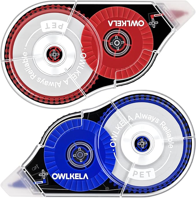OWLKELA 2 Pack Plus Correction Tape, Tear-Resistant White Correction Tape, No Dry Time, Easy to Use, Office & School Supplies, 0.2 in Wide, 98.4 Ft, Red Core, Blue Core