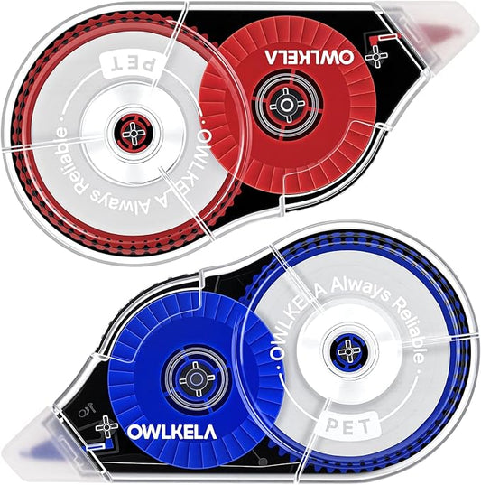 OWLKELA 2 Pack Plus Correction Tape, Tear-Resistant White Correction Tape, No Dry Time, Easy to Use, Office & School Supplies, 0.2 in Wide, 98.4 Ft, Red Core, Blue Core