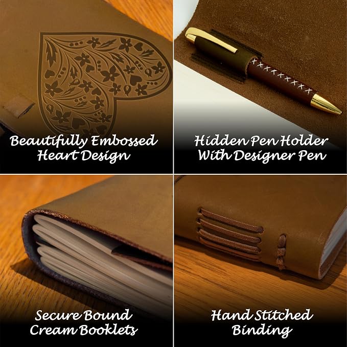 Sovereign-Gear Heart Embossed Leather Journal Gift Set – Handmade Leather Notebook with Pen & Bookmark | Writing Journal for Men & Women | Sentimental Gift Box for Anniversary, Valentine’s or Birthday