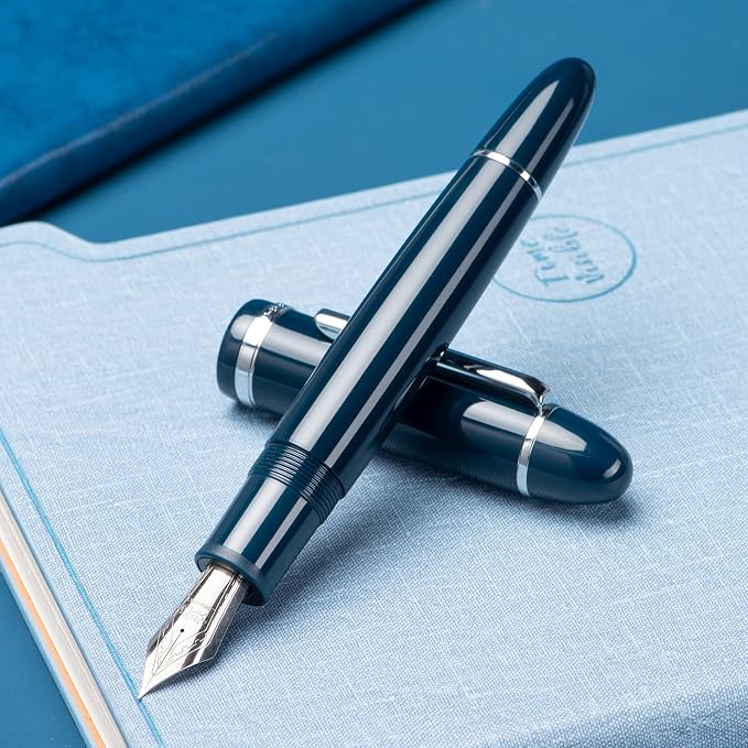 Jinhao X159 Dark Blue Acrylic Fountain Pen, Size 8 Extra Fine Nib Silver Trim Classic Design Smooth Writing Pen with Converter