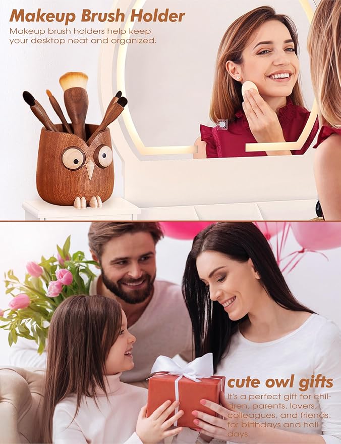 Solid Wood Owl Pen Holder for Desk with Magnetic Spinning Eyes, Funny Pencil Holder, Cute Desk Accessories, Home Office Decor, Gift for Teachers, Coworkers, Friends & Family