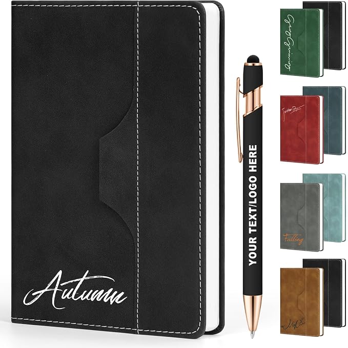 ENOMY Personalized Notebook Set Custom A5 Journal UV Printing Personalized Journal with 10 PC Metal Pens for College Birthday Travel Business Gift, Black