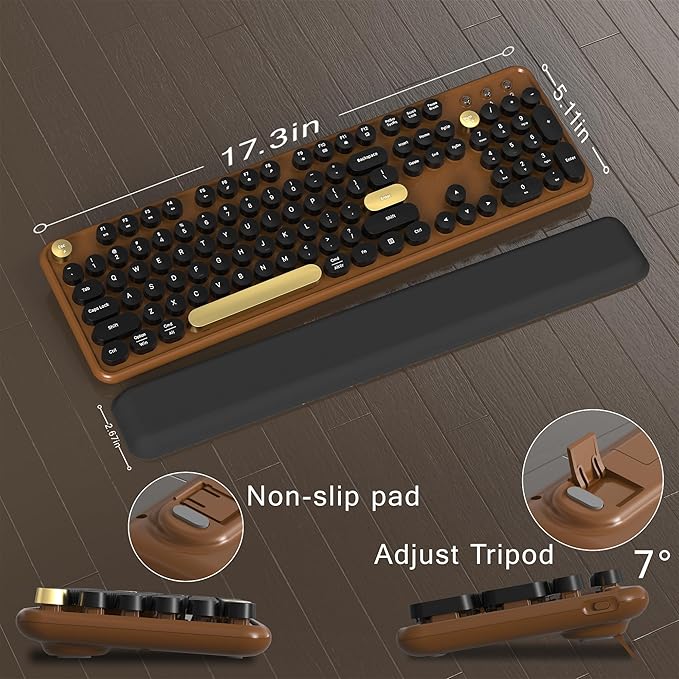 MPTOG Colorful Wireless Computer Keyboard and Mouse Combo with Round Typewriter Keycaps, Retro Design, Power Switch, Ergonomic Design, 2.4GHz Wireless for Windows, Mac, PC(Black-Brown)