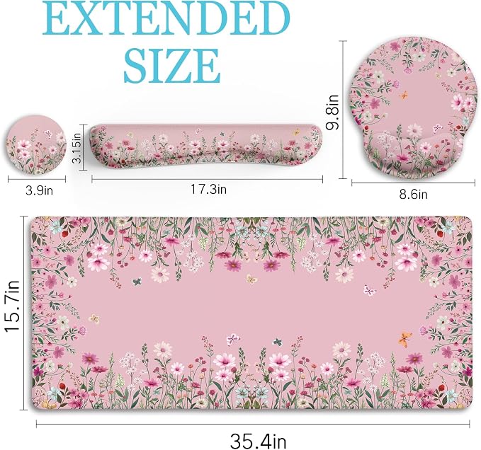 LIMKRIAN Floral Desk Mat Set, Cute Pink Desk Accessories Gifts for Women | Mouse Pad with Gel Wrist Rest, XXL Large Desk Pad, Ergonomic Keyboard Wrist Support, Stitched Edges, Cup Coaster, Desk Decor