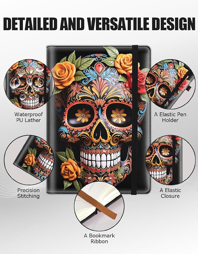Hardcover Executive Notebooks, A5 PU Leather Lined Journal Notebook, 200 Pages Thick Paper Subject Notebooks for School,Work,Home Writing Business Notebook, Diary Book ， Sugar Skull Rose