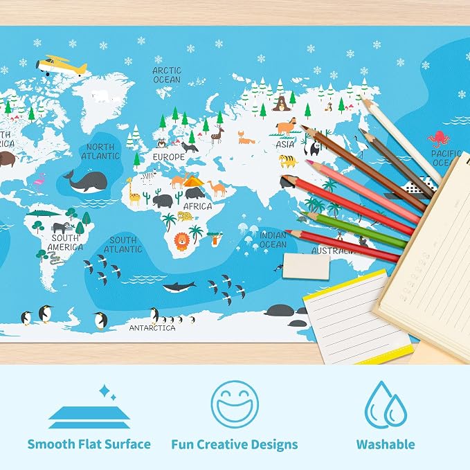 Kids World Map Desk Mat PU Leather Study Pad, 34.5"x15.7" | Non-Slip Waterproof Desk Pad for Boys & Girls, Learning Geography Study Mat, School Desk Protector, Gift for Children