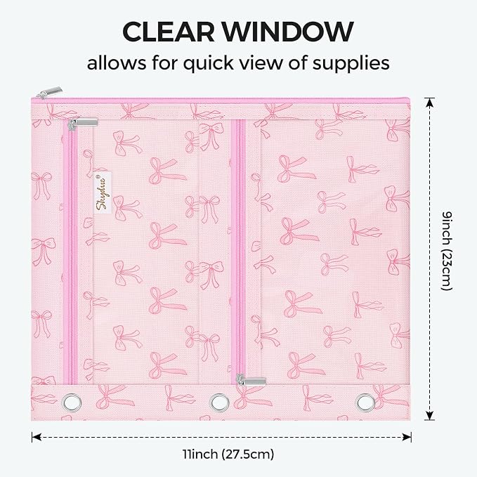 SKYDUE Binder Pencil Pouch for 3 Ring Binder, 3 Compartment Zipper Case, Large Capacity Pen Organizer with Clear PVC Window for School Supplies, Students, Kids & Teachers