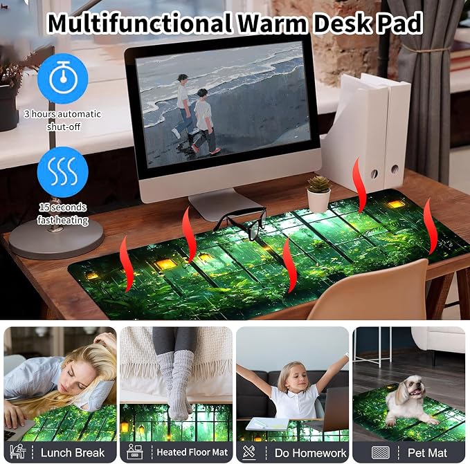 Warm Desk Pad,Heated Desk Pad,Office Mat,3 Heating Levels & 3 Hours Auto Shut-Off,31.5"*13" Gaming Mouse Laptop Keyboard Leather Desk Mat,Green Forest Window
