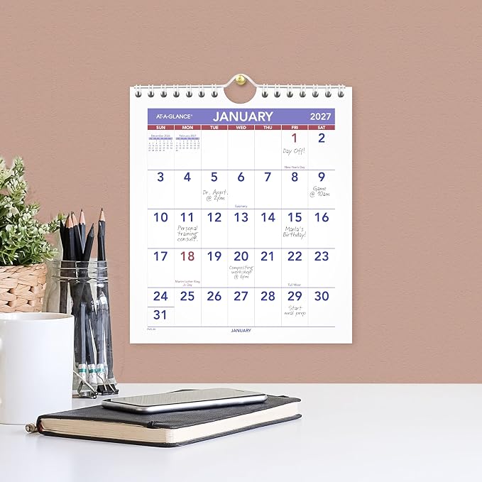 AT-A-GLANCE 2027 Wall Calendar, Monthly, 6.5" x 7.5" Planner, Unruled Daily Blocks (PM52827)
