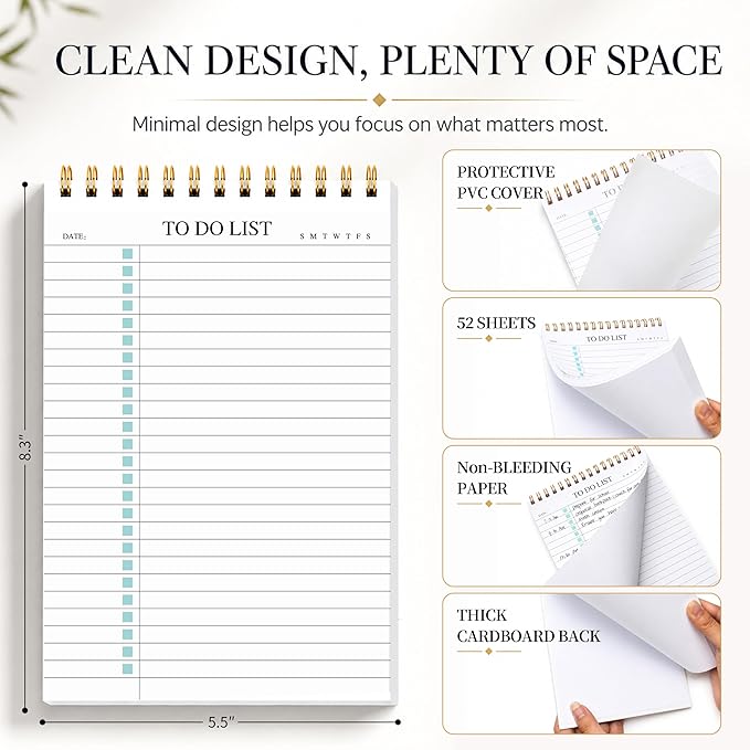 To Do List Notepad, Undated Daily Planner Notepad, A5 (5.5" x 8.3"), Green | To Do List Notebook, Checklist Planner, Waterproof Spiral Notepad, for Work, Office Supplies, School Planner, 52 Sheets/Pack
