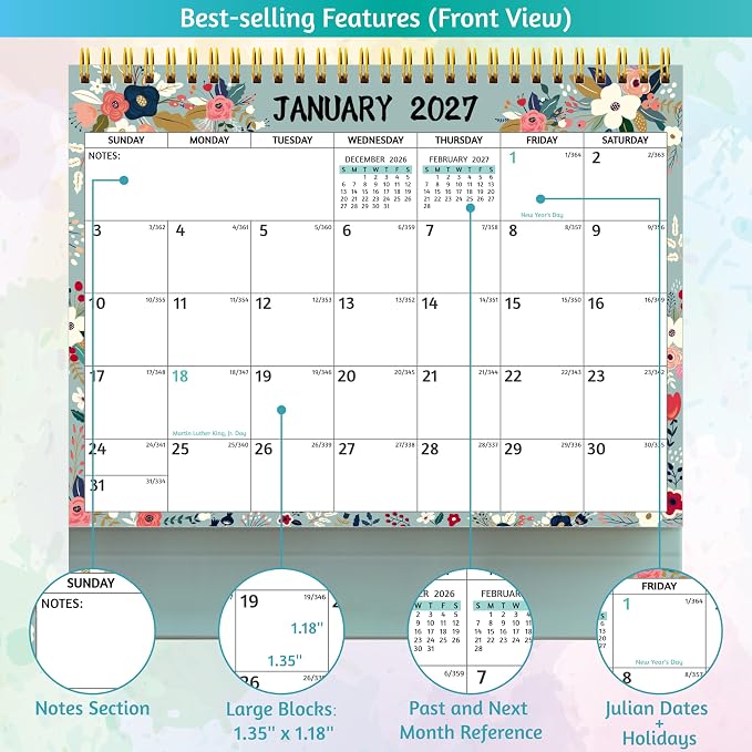 Desk Calendar 2026-2027 - Standing Flip Desktop Calendar 2026-2027, 18 Months(July 2026 - December 2027), 10" x 8", Large with Notes, To-dos, Yearly Overview, Thick Paper, Great for Easy Planning