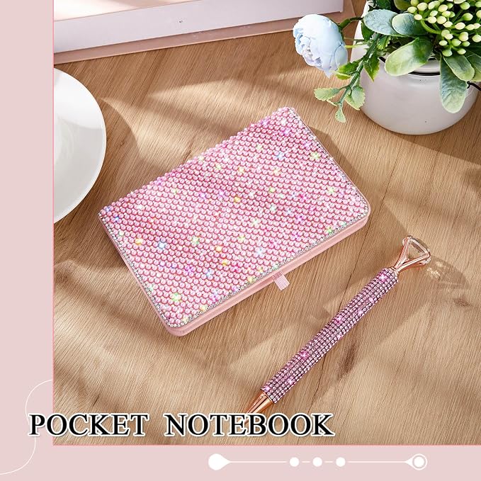 Rhinestone Pen & Glitter Notebook Set, Hard Cover Bling Diary Journal for Girls, Cute School Supplies for Back to School, Sparkly Desk Accessories Gift for Women(Pearl,A6,Pink)