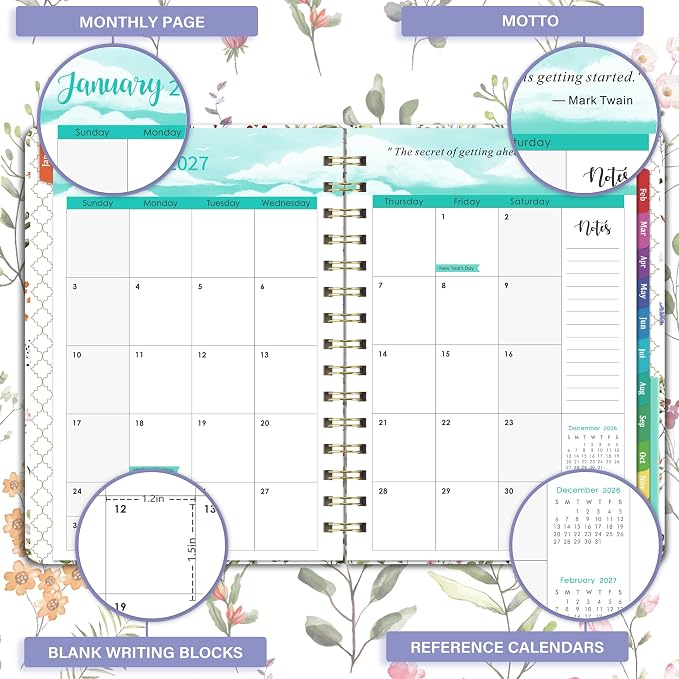 2027 Planner-Weekly and Monthly Planner 2027, 6.4"x8.5", Calendar book | Jan. 2027-Dec. 2027, Twin-Wire Binding, elastic closure, Tabs, Thick Paper, Contacts Pages, Inner Pocket, marked holidays