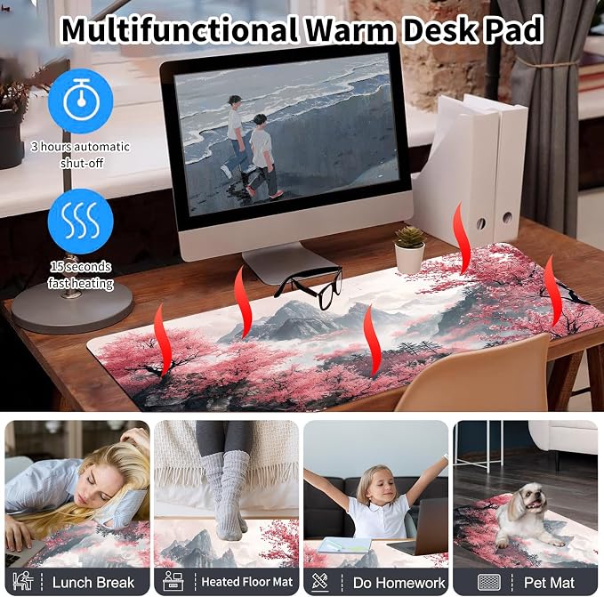 Warm Desk Pad,Heated Desk Pad,Office Mat,3 Heating Levels & 3 Hours Auto Shut-Off,31.5"*13" Gaming Mouse Laptop Keyboard Leather Desk Mat,Watercolor Tree Mountain