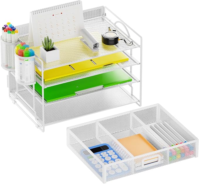 Marbrasse Desk Organizer and Accessories Polystyrene, 4-Tier Paper File Letter Tray Accessories & Workspace Desk Organizers with Drawer and 2 Pen Holders for School Home Office Supplies (White)