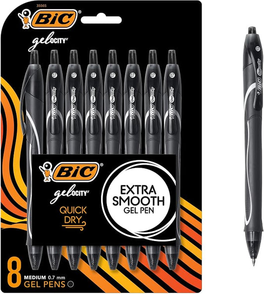 BIC Gelocity Quick Dry Black Gel Pens, Medium Point (0.7mm), 8-Count Pack, Retractable Gel Pens With Comfortable Full Grip