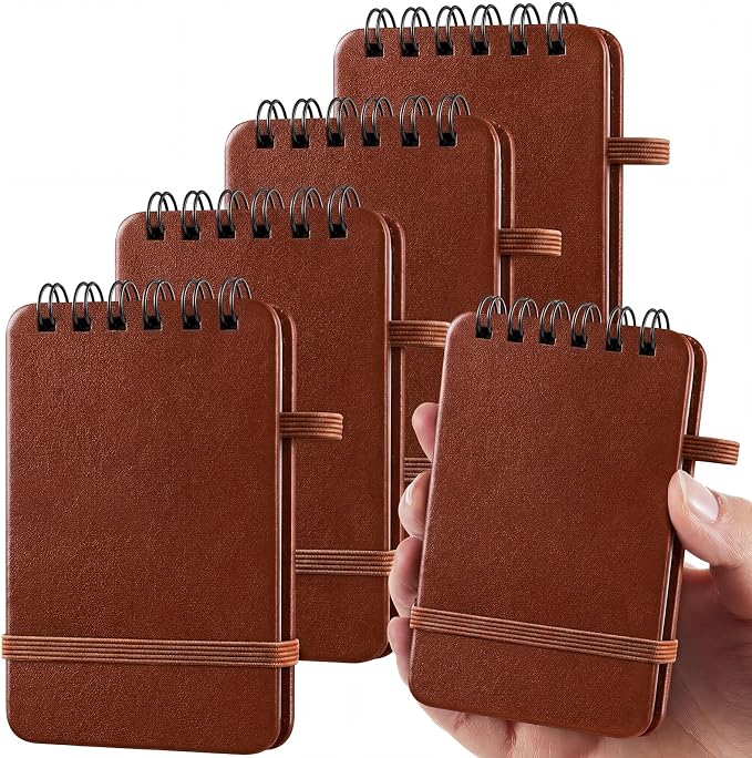 Qeeenar 4 Pack Small Pocket Notebook 2.5 x 4 Inch, Brown Leather Hardcover Top Spiral Mini Journal with Elastic Band, 50 Sheets Tiny Memo Pad for Travel Purse Work Daily Notes