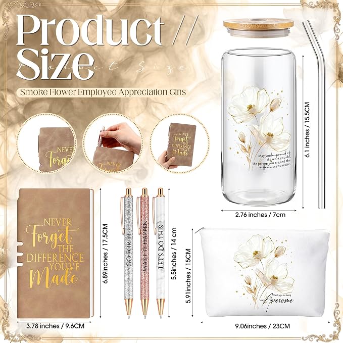 Funnymoom 6 Pcs Appreciation Gifts Set for Women Back to School Teacher Gifts Employee Thank You Gift with 17 oz Glass Tumbler Journal Pens and Pouch for Coworkers Educators,Floral,White