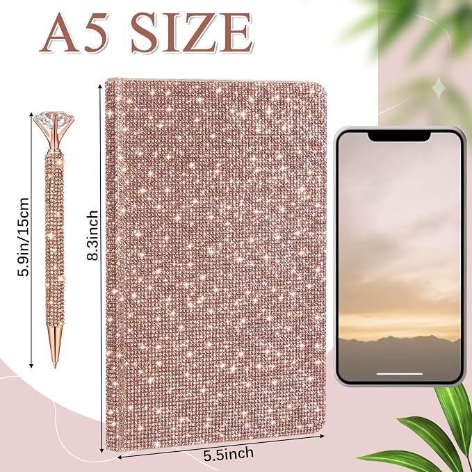 Resholder Rhinestone Pen & Glitter Notebook Set, Hard Cover Bling Diary Journal for Girls, Cute School Supplies for Back to School, Sparkly Desk Accessories Gift for Women(Rhinestone,A5,Rose Gold)