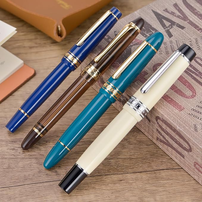 Wikult Yongsheng Junlai 930 Acrylic Fountain Pen, Size 9 Broad Nib with Piston Filling System, Ivory White Fence Ink Tank with Flat Top Design Smooth Writing Pen (Silver Trim)