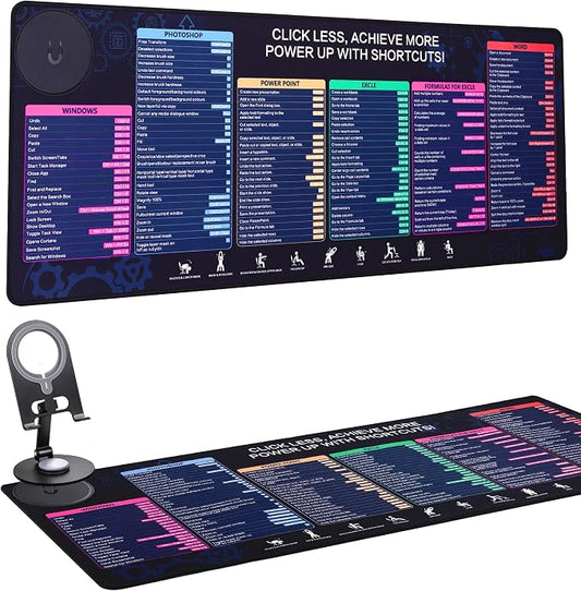 Excel Cheat Sheet Wireless Mouse Pad with Phone Stand, 31.5"x12" Extended Excel Shortcuts Desk Pad, Waterproof Ultra-Smooth Keyboard Mat, Non-Slip Base (Phone Stand NOT Charger)