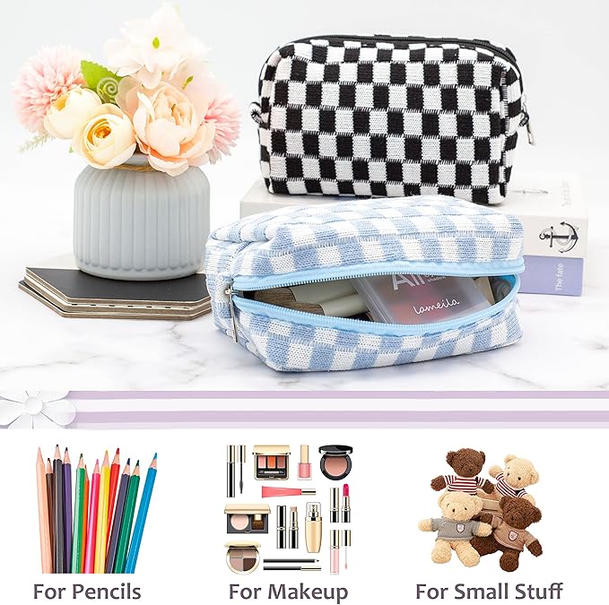 Checkered Makeup Bag for Purse, Small Travel Cosmetic Pouch,Blue,6 Pack | Cute Zipper Makeup Organizer for Women, Travel Essentials, Toiletries, Makeup Brushes, Beauty Accessories&Bridesmaid Gifts
