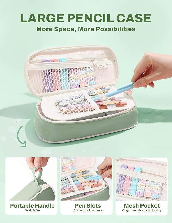 SUNEE 54PCS Aesthetic Stationery Set with Cute Pencil Case, 8 Color Pastel Highlighters, 8 Black Gel Pens, 6 Mechanical Pencils & Refills, College School Supplies for Students Girls Green