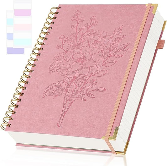 A5 Journaling Notebooks, Hardcover Spiral Notebook, Leather Journal Notebook for Women Girls, College Ruled Notebook with Numbered Page, Pocket & Tab, Small Organizer Notebook for Work School, Pink