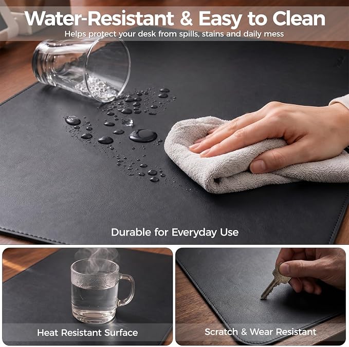 Large Desk Pad Non-Slip Desk Mat Protector for Keyboard Mouse Waterproof Vegan Leather Surface Faux Leather Laptop Mat Smooth Mouse Pad Premium Gift Tube Obsidian Black 47" x 23"