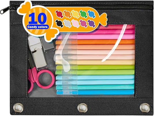 Forvencer Pencil Pouch for 3 Ring Binder, Large Pencil Case Pouch with 3 Reinforced Grommets, Pen Bag, Clear Window Pencil Case, Binder Accessories, Matte Black