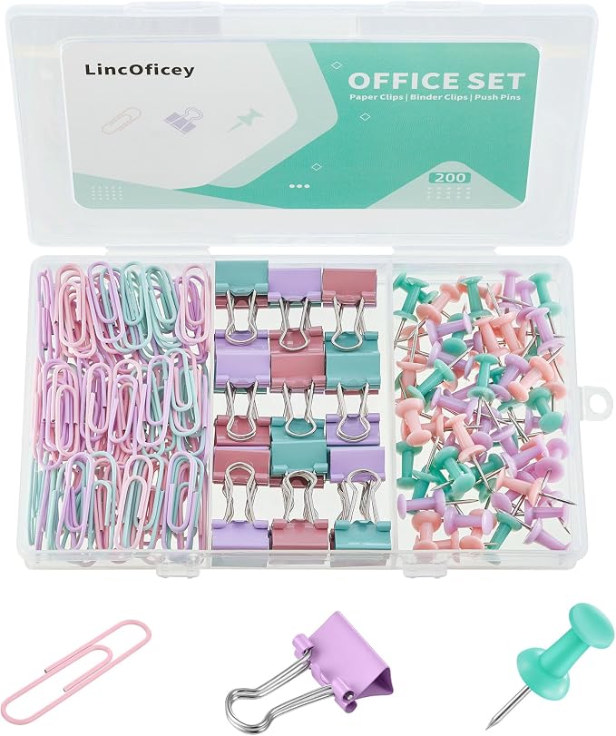 200pcs Paper Clips Binder Clips and Push Pins Set, Mini Clips and Thumb Tacks for Multipurpose Document Organization (Multicolor)