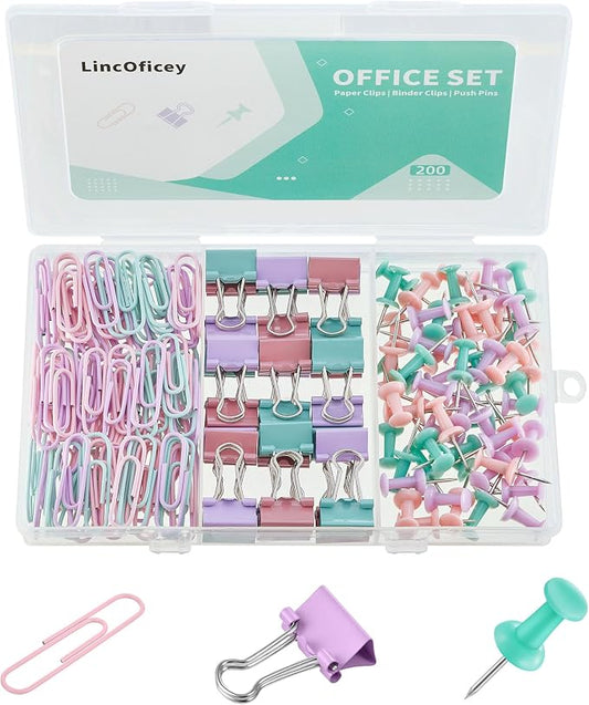 200pcs Paper Clips Binder Clips and Push Pins Set, Mini Clips and Thumb Tacks for Multipurpose Document Organization (Multicolor)